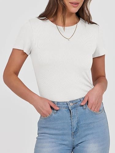 ANRABESS Women Short Sleeve Crewneck Ribbed Knit Slim Fitted Shirts Summer Tops Basic Tee Casual 2025 Fall Outfits Clothes thumbnail 2