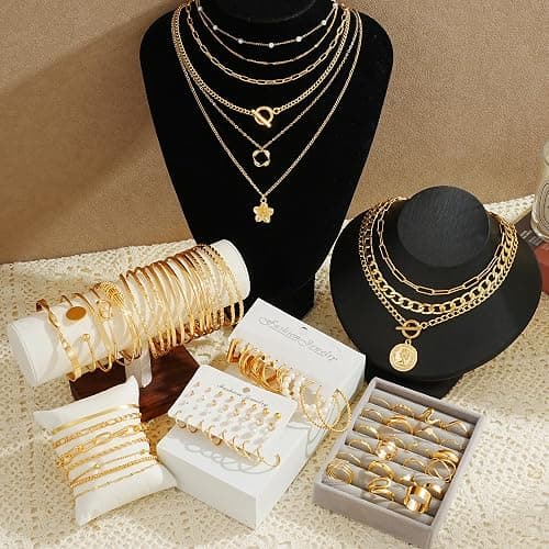 17 MILE 78 Pieces Gold Jewelry Set for Women, 9 Necklace, 24 Bracelet, 22 Earrings, 23 Knuckle Rings Gold Plated Jewerly set for Women Gift thumbnail 7