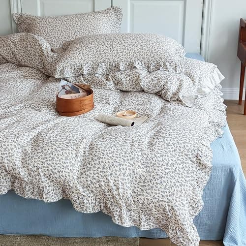 BuLuTu Chic Shabby Floral Girls Boys Duvet Cover Twin Size, Blue Flower Print Kids Duvet Cotton Muslin Soft Breathable Ruffled Quilt Cover Children Bedding, Zipper Closure thumbnail 3