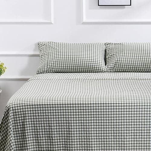 100% Cotton Queen Sheet Set - 4 Piece Cotton Sheets Queen Size Bed Set, Soft, Smooth, Durable, Easy Care, 16" Deep Pocket Checkered Green Sheets - 1 Flat, 1 Fitted, 2 Pillowcases - Checkered Green - Queen - Image 1