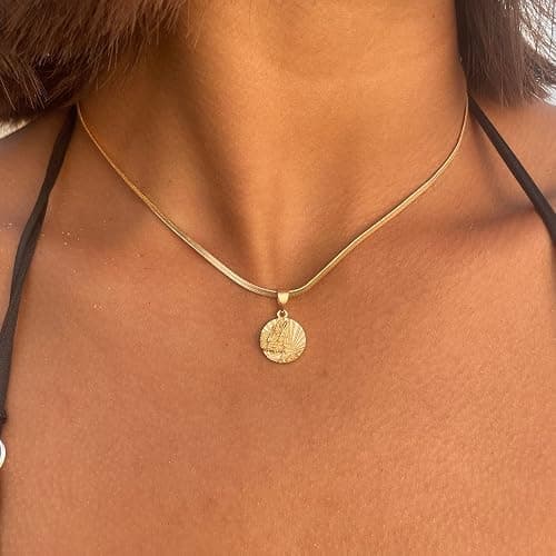 Get Back Necklaces | Gold Oceanside Herringbone Choker, 18k Gold Plated Brass Coin on 13" + 4" Extender Herringbone Chain thumbnail 3