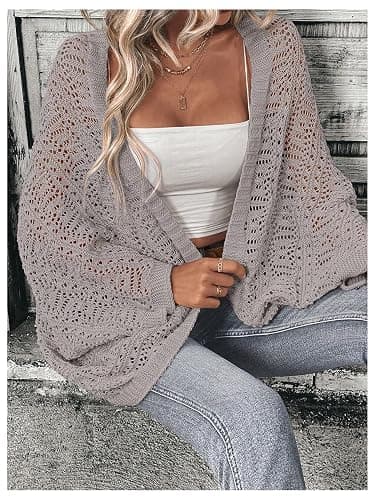 SHENHE Women's Open Front Loose Hollow Out Casual Dolman Sleeve Asymmetrical Cardigan Sweater Spring Outerwear thumbnail 3