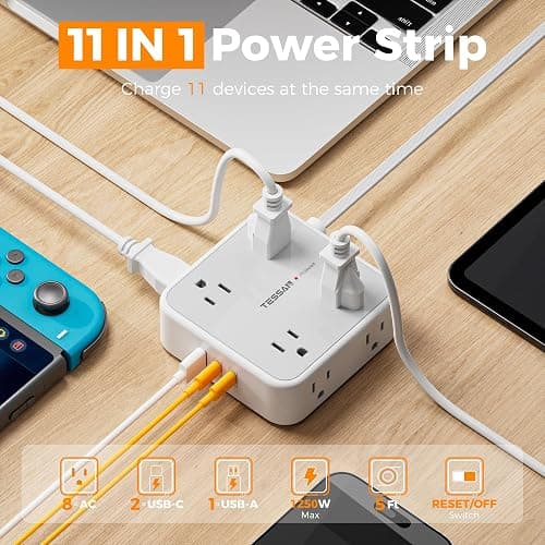 TESSAN Surge Protector Power Strip, 5 Ft Flat Plug Extension Cord with 3 USB (2 USB C) 8 Outlets, 1250W, 900J Protection, 3 Sided Outlet Extender with Power Switch for Office, Dorm Room, Grey thumbnail 2