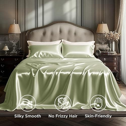 Bedsure Green Satin Sheets Full Size, Soft Silky Bedsheets for Hair & Skin | Similar to Silk Bed Sheets Set 4 Piece with 15 Inches Deep Pocket Fitted Sheet,1 Flat Sheet, 2 Satin Pillowcases thumbnail 3