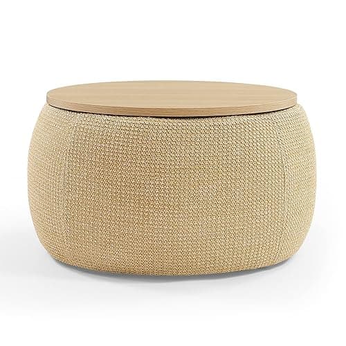 Zenvya Round Ottoman with Storage 2 in 1 Function Stool for Living Room - Coffee Table, Foot Rest, Footstool, End Table - with Reversible Wooden Lid Tray, 25.5" L x 25.5" W x 14.5" H (Natural) - Natural