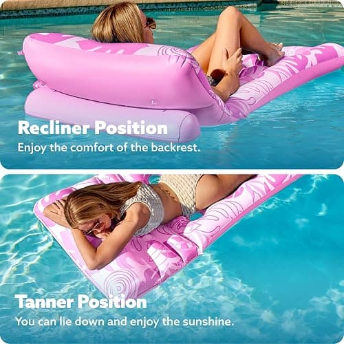 SLOOSH Adjustable Backrest Pool Floats - Tropical Leaves Pool Lounger Floaties Adults with Cup Holders, Inflatable Tanning Float Rafts Chair Beach Lake Lounge Floating Above Water Keep Cool (Pink) thumbnail 4