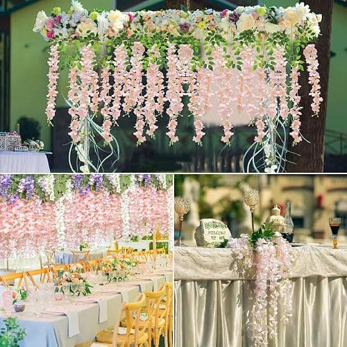 Wisteria Hanging Flowers 12 Pack Artificial Flowers Fake Wisteria Vine Rattan Hanging Garland Silk Flowers String for Party Home Wall Greenery Wedding Decor (Light Pink) thumbnail 6