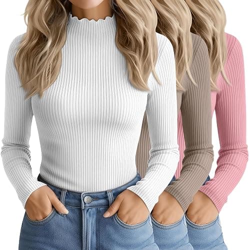 Oakgarden 3 Pack Women's Cotton Long Sleeve Mock Turtleneck Tops Ribbed Lettuce Trim Slim Fit Shirts Thermal Base Layer - Image 1
