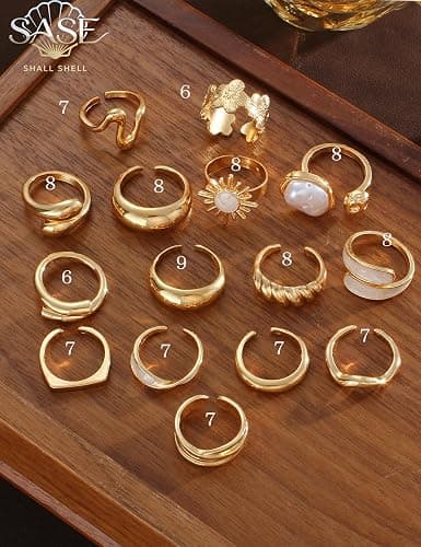 Shall Shell 15 Pcs Chunky Gold Rings for Women, Stackable Statement Rings Pack, Gold Baroque Pearl Rings Open Adjustable Stacking Knuckles Rings Set, Trendy Stuff Jewelry Gift thumbnail 4