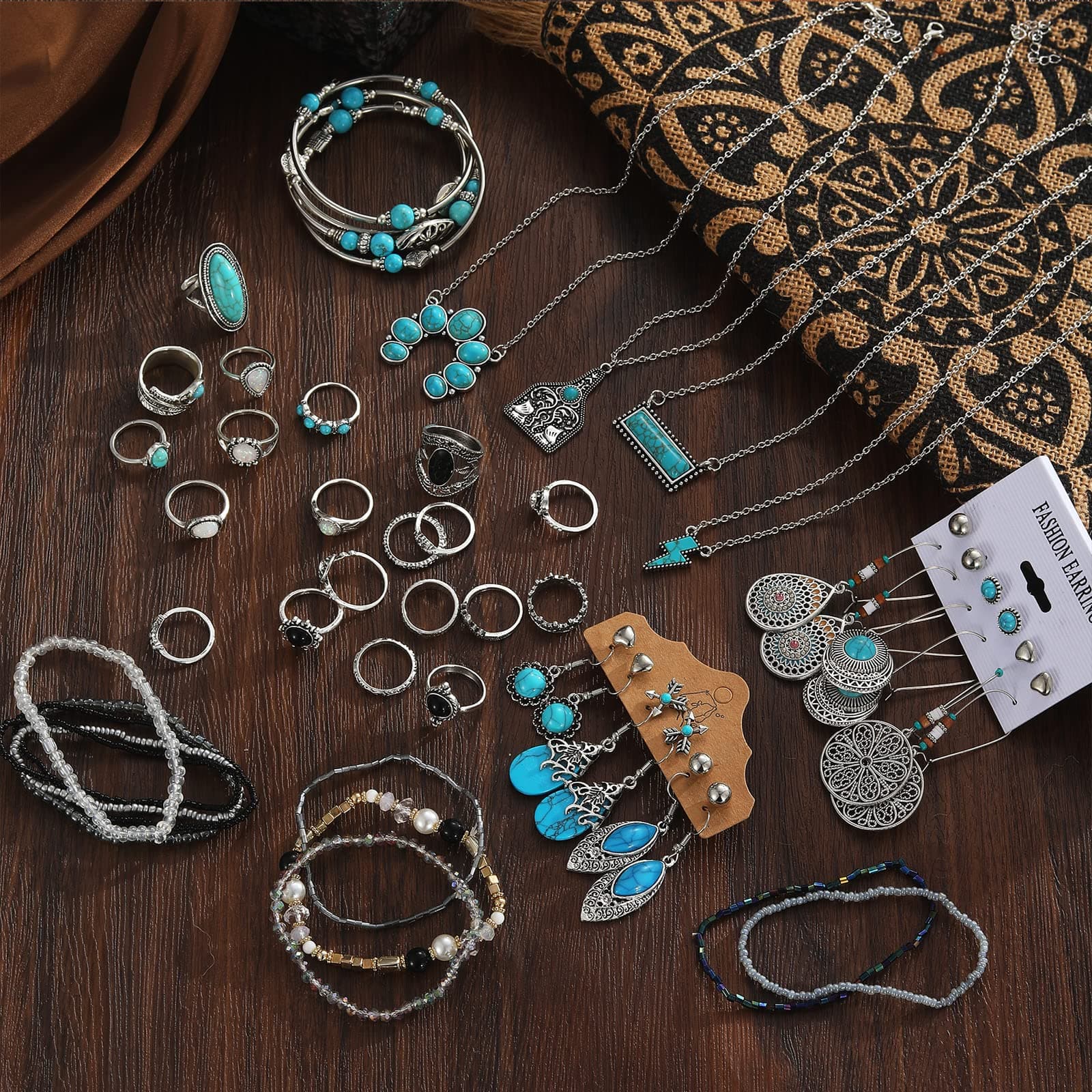 IFKM Bohemian Jewelry Set With Turquoise Necklace, Dangle Earrings, Stackable Bangle Bracelets, Knuckle Rings For Women Vintage Western Boho Turquoise Anniversary Birthday Friendship Gift thumbnail 3