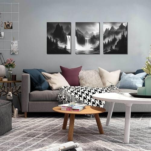 CIRABKY Foggy Forest Wall Art for Living Room - Mountains Canvas Wall Art for Office - Black and White 3 Piece Wall Decor Size 12" x 16" thumbnail 6