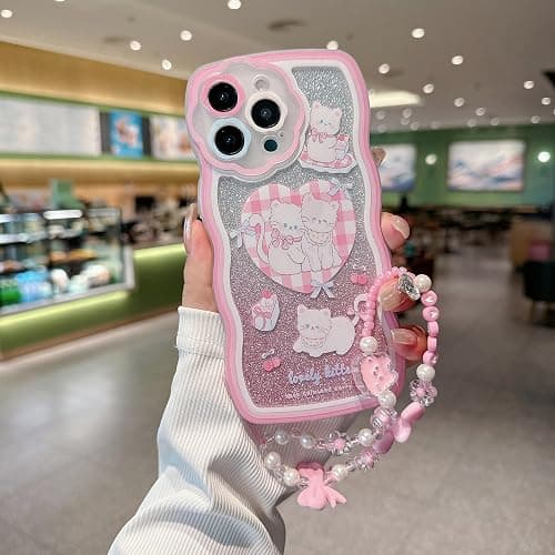 XAMMUE Compatible with iPhone 15 Plus case,Cute Wavy Edge Shell,Kawaii Kitty cat Love Heart,Bow Cherry,Cake Pattern with Cute Bracelet,eco-Friendly and Durable TPU Material for Women and Girls thumbnail 2