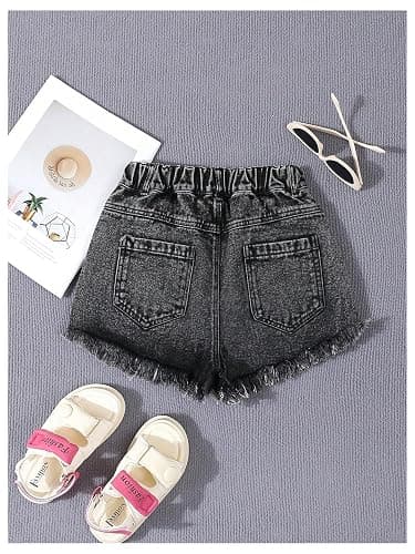 RoseSeek Girl's Ripped Raw Hem Straight Leg Jean Shorts Elastic Waist Zipper Fly Denim Shorts thumbnail 2