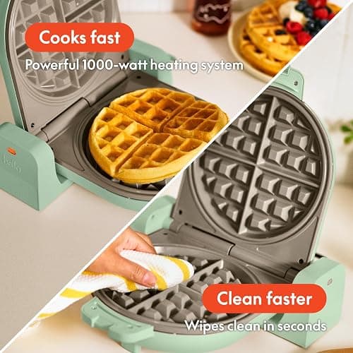 bella Flip-n-Store Waffle Maker with EverGood™ Ceramic Nonstick Coating, Fits-anywhere™ Kitchenware, Power Indicator Light, Cool Touch Handle & Cord Wrap, 7” Wide & 1" Deep Plates, 1000 Watt, Seaglass thumbnail 5
