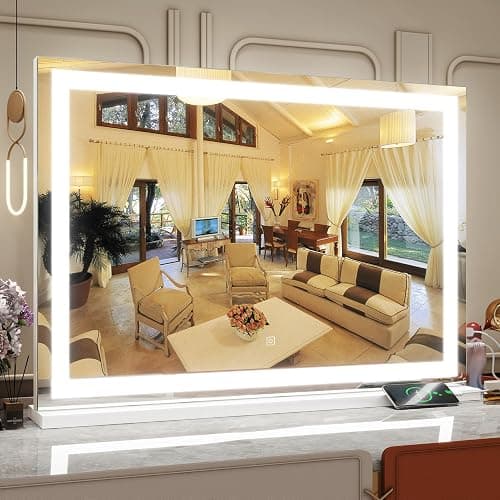 ROLOVE Vanity Mirror with Lights, 32" x 22" Large Lighted Vanity Mirror with Dimmable 3 Modes, LED Makeup Mirror, USB Charging Port, Tabletop or Wall-Mounted Square White - Image 1