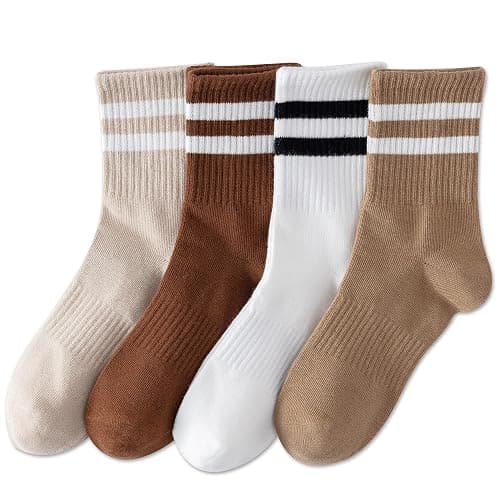 YUWELL Womens Striped Crew Socks, Cotton Cozy Casual Socks for Women 4 Pairs, Size 5-10 - Image 1
