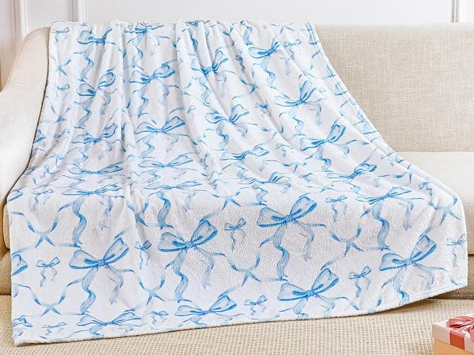 Buryeah Bow Throw Blanket Preppy Blanket Coquette Flannel Soft Cute Bow Stuff Lightweight Aesthetic Plush Preppy Room Decor for Sofa Couch Travel Bed, 50" x 60"(Blue) - Image 1