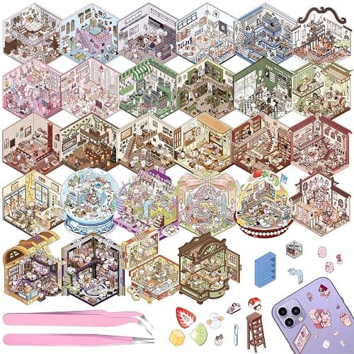 DIY 3D House Stickers Scene, 28 Set Fun DIY Sticker Therapy,Make Your Own Cute 3D Miniature Stickers Scene Sticker for Adult Kids for Relief Stress Pass The Time - Image 1