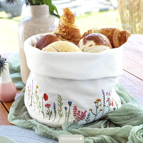 Papierdrachen Brotkorb "Frühlingswiese" - charmante Tischdekoration - mit hochwertiger Blumenbestickung in Wiesenoptik thumbnail 2