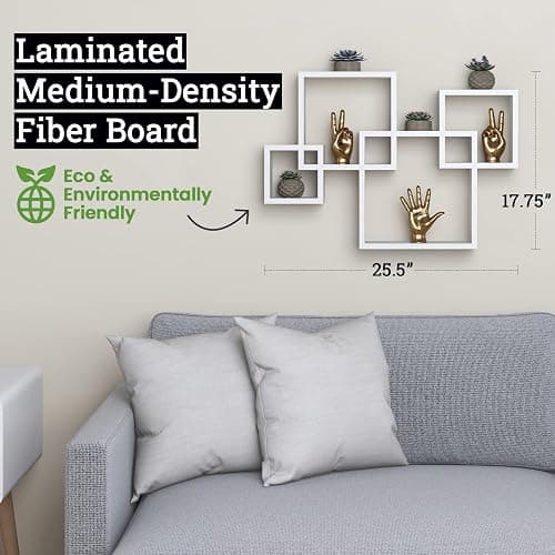 Greenco 4 Cube Intersecting Shelves, Easy-to-Assemble Floating Wall Mount Shelves for Bedrooms and Living Rooms, Natural Finish thumbnail 2