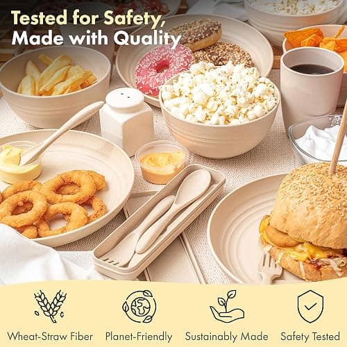 FOODLE Wheat Straw Dinnerware Set - BPA Free & Safety Tested - Unbreakable, Microwave & Dishwasher Safe Dishes - Picnic, RV, Dorm, Camping Plates Cups and Bowls - Great for Kids & Adults - For 4 thumbnail 5