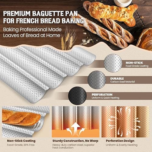 Pavsrmy Baguette Bread Pan, Premium Nonstick Perforated Baguette Pan for French Bread Baking, 4 Loaves Baguette Baking Tray for Sourdough, Italian Bread, Perfect for Creating Crisp Golden-Brown Crust thumbnail 5