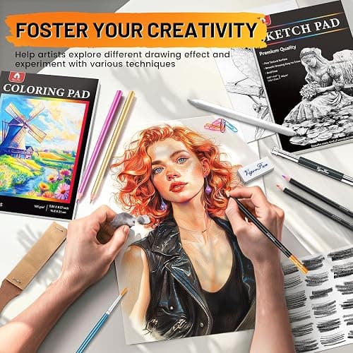 106 PCS Art Supplies Sketching Kit, Pro Drawing Pencils with 3-Color Sketchbook, Coloring Book, Colored Graphite Charcoal Watercolor & Metallic Pencils, Drawing Supplies Gifts for Artists Adults Kids thumbnail 7