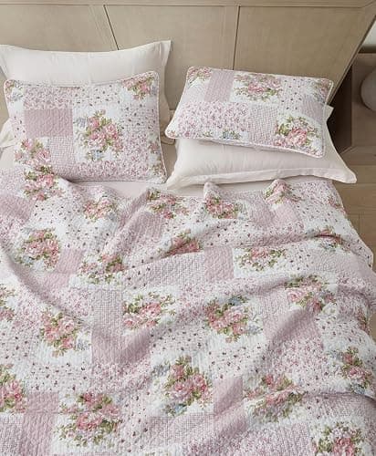 Chezmoi Collection Rosy 3-Piece Printed Patchwork Cotton Quilt Set, Full Size - Pink Flower Floral Striped Polka Dots - Stone Washed Lightweight Bedspread thumbnail 4