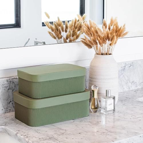 Decorative Storage Boxes with Lids – Set of 2 Beautiful Fluted Cardboard Organizer Bins for Your Home Bookshelf Decor to Safely Store Your Documents, Memory Box Items and Other Keepsakes in Style thumbnail 5
