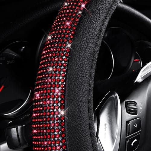 CAR PASS Red Diamond Black Leather Steering Wheel Cover, with Bling Crystal Rhinestones Universal Fit 14" 1/2-15" Crystal Glitter for Women Sparkle Girl Fit Suvs,Vans,Sedans,Cars,Trucks, Red Diamond thumbnail 3