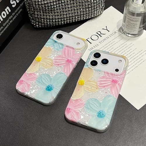 Jmltech for iPhone 17 Air Case Girly Aesthetic Floral Women Trendy Luxury Cute Shockproof Flowers with Beaded Phone Charms Strap Lanyard Oil Painting Flexible Silicone Phone Case for iPhone 17 Air thumbnail 5