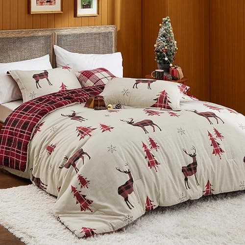 Bedsure Christmas Comforter Set Queen - Christmas Bed Set with Reindeer, Soft Bedding for Holiday, 3 Pieces, 1 Reversible Buffalo Check Printed Comforter and 2 Pillow Shams thumbnail 2