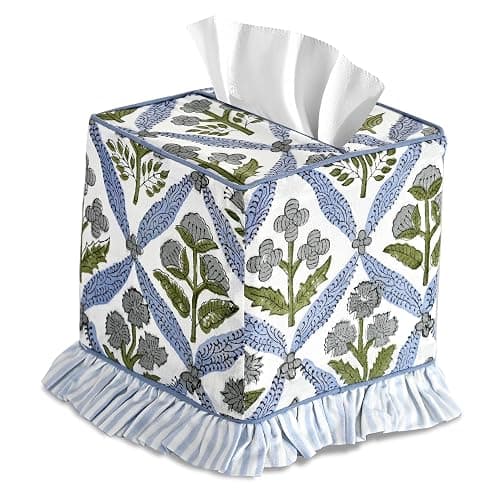 Ridhi Light Steel Blue Block Print Ruffle Tissue Box Cover Handmade Cotton Decorative Square Napkin Holder for Home Bedroom Living Room Bathroom Vanity Countertop Car Office Kitchen - Image 1