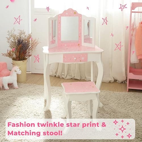 Teamson Kids Princess Gisele Twinkle Star Print 2-Piece Kids Wooden Play Vanity Set with Vanity Table, Tri-Fold Mirror, Storage Drawer, and Matching Stool, White with Pink and Gold Star Accent thumbnail 7