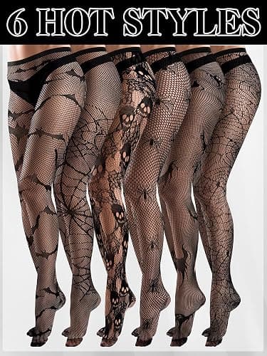Ramede 6 Pairs Fishnet Stockings Women Lace Tights Patterned Thigh High Waist Goth Leggings Tight Pantyhose for Halloween thumbnail 5