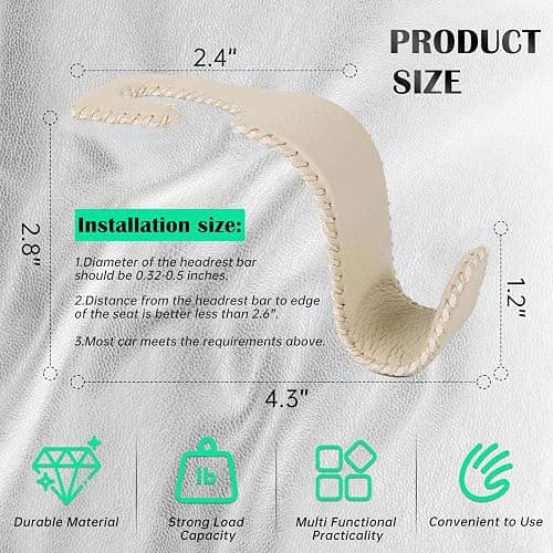 Car Seat Headrest Hook 55lb Heavy Duty Metal Hanger with Leather for Bags | Universal Fit car SUV Truck, Premium Microfiber Leather, Metal Core, Hang Purses Groceries Handbag Backpack, 2 Pack Beige thumbnail 6