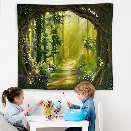 WNAGT Green Enchanted Forest Tapestry Wall Hanging, Cottage Core Decor, Magical Fantasy Sunray Woods Butterfly Botanical Wall Blanket Decor for Home Bedroom Living Room Office, 50x60 Inch thumbnail 5