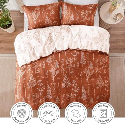 Love's cabin Terracotta Comforter Set Queen - Queen Size Comforter Set, 3 Pieces Cute Floral Bedding Sets for All Seasons,1 Soft Reversible Botanical Flowers Comforter and 2 Pillow Shams thumbnail 3