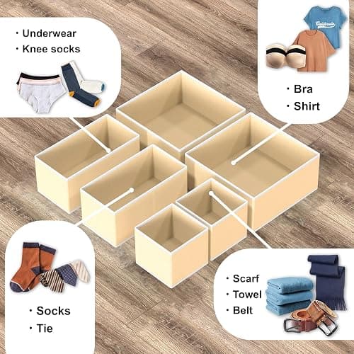SimpleHouseware Foldable Cloth Storage Box Closet Dresser Drawer Divider Organizer Basket Bins for Underwear Bras, Beige (Set of 6) thumbnail 5