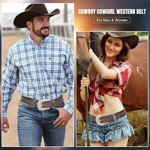 XZQTIVE Women Men Genuine Leather Belt Vintage Ladies Western Belt Engraved Tooled Leather Belt Cowboy Cowgirl Country Belt thumbnail 2