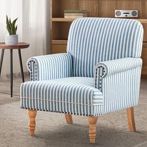 HUIMO Linen Fabric Accent Chair, Mid-Century Modern Armchair with Solid Wood Legs, Single Sofa Chair,Upholstered Reading Club Chair (1, Blue and White Stripe) - Image 1