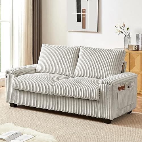 Sheng & Far 71" Loveseat Sofa with Storage Armrests & USB Charging Station | Storage Side Pockets, Sturdy Construction, Corduroy Fabric, White, for Living Room, Bedroom, Office, Apartment thumbnail 7