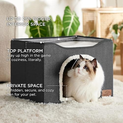 Bedsure Cat Beds for Indoor Cats - Large Cat Cave for Pet Cat House with Fluffy Ball Hanging and Scratch Pad, Foldable Cat Hideaway, 16.5x16.5x13 inches, Dark Grey thumbnail 2