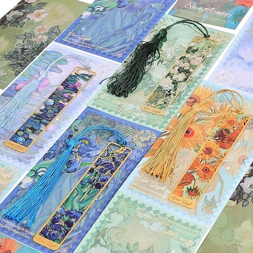 4 Pieces Metal Bookmarks with Tassel, Golden Hollow Bookmark Oil Painting Theme Book Mark Bookmarks for Book Lovers Writers Readers Children Teens Men Women Adults thumbnail 7