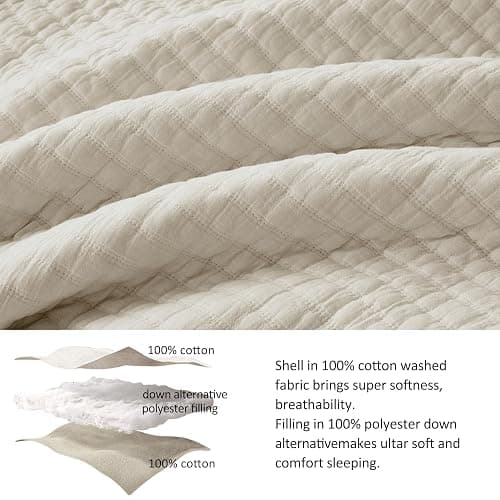 WDCOZY Beige Queen Size Quilt Set, Muslin Cotton Shell Down-Alt Poly Filling, Neutral Shabby Chic Rustic Farmhouse Country Bedspread, Textured Gauze Coverlet, Soft Lightweight Bedding, 2 Shams thumbnail 2