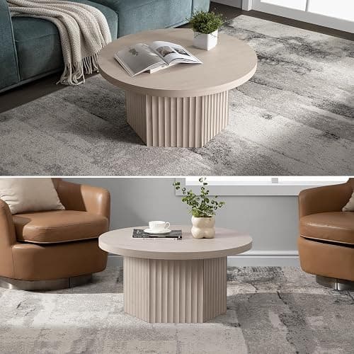 SICOTAS 32" Modern Round Coffee Table, Mid Century Fluted Coffee Table with Storage, Accent Center Table for Living Room, Small Space, Apartment, White Alder thumbnail 7