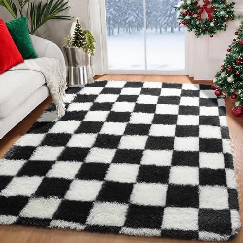KICMOR Area Rugs for Bedroom Living Room, 4x6 Black and White Fluffy Soft Checkered Rug Fuzzy Shag Shaggy Carpet, Indoor Plush Floor Rugs for Kids Boys Girls Teen Dorm Nursery Home Decor Aesthetic - Image 1
