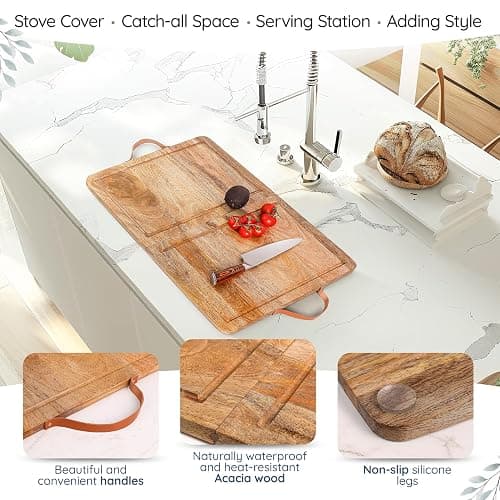 Wooden Stove Top Cover Board for Gas Burner & Electric Stove, Mango Wood Noodle Board Stove Cover with Handle for Gas Stovetop 4 & 5 Burners, Stove Top Cutting Board Oven Top Cover Cooktop Protector thumbnail 6