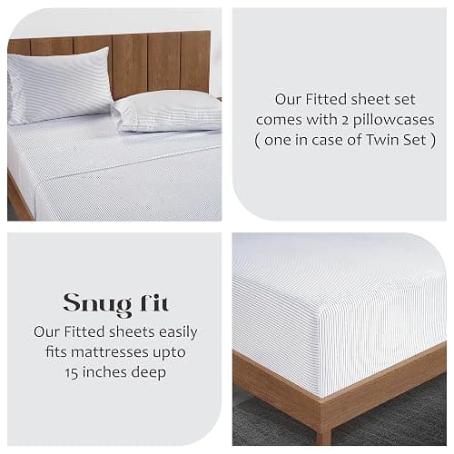 LANE LINEN Twin XL Fitted Sheet, 100% Organic Cotton 2-Piece Set (1 Fitted Sheet, 1 Pillowcase), Percale Weave, Bottom Sheet, Breathable, Fits Mattress Upto 15" Deep - Ticking Stripe (No Flat Sheet) thumbnail 6