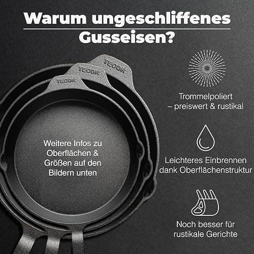 TECOR Gusseisenpfanne Induktion 24 cm ungeschliffen, universell, natürlich - Langlebige Pfanne Gusseisen 24 cm - Antihaft Gusspfanne Induktion einfach, top Qualität - Cast iron pan induction thumbnail 7